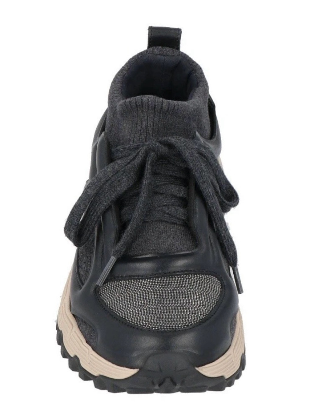 Brunello Cucinelli Charcoal Knit & Black Leather Women’s Sneaker with Cream Sole